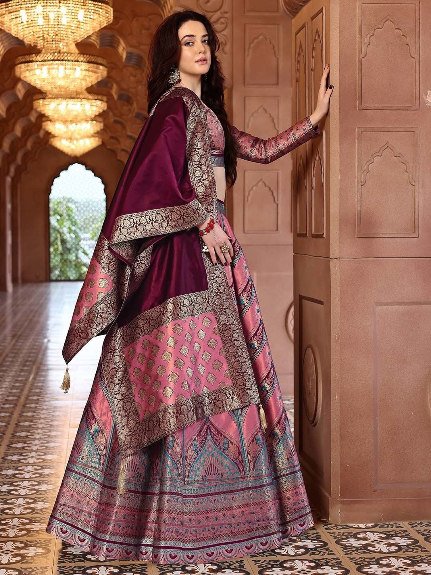 PURVAJA Pink Woven Lehenga Choli Set With Dupatta