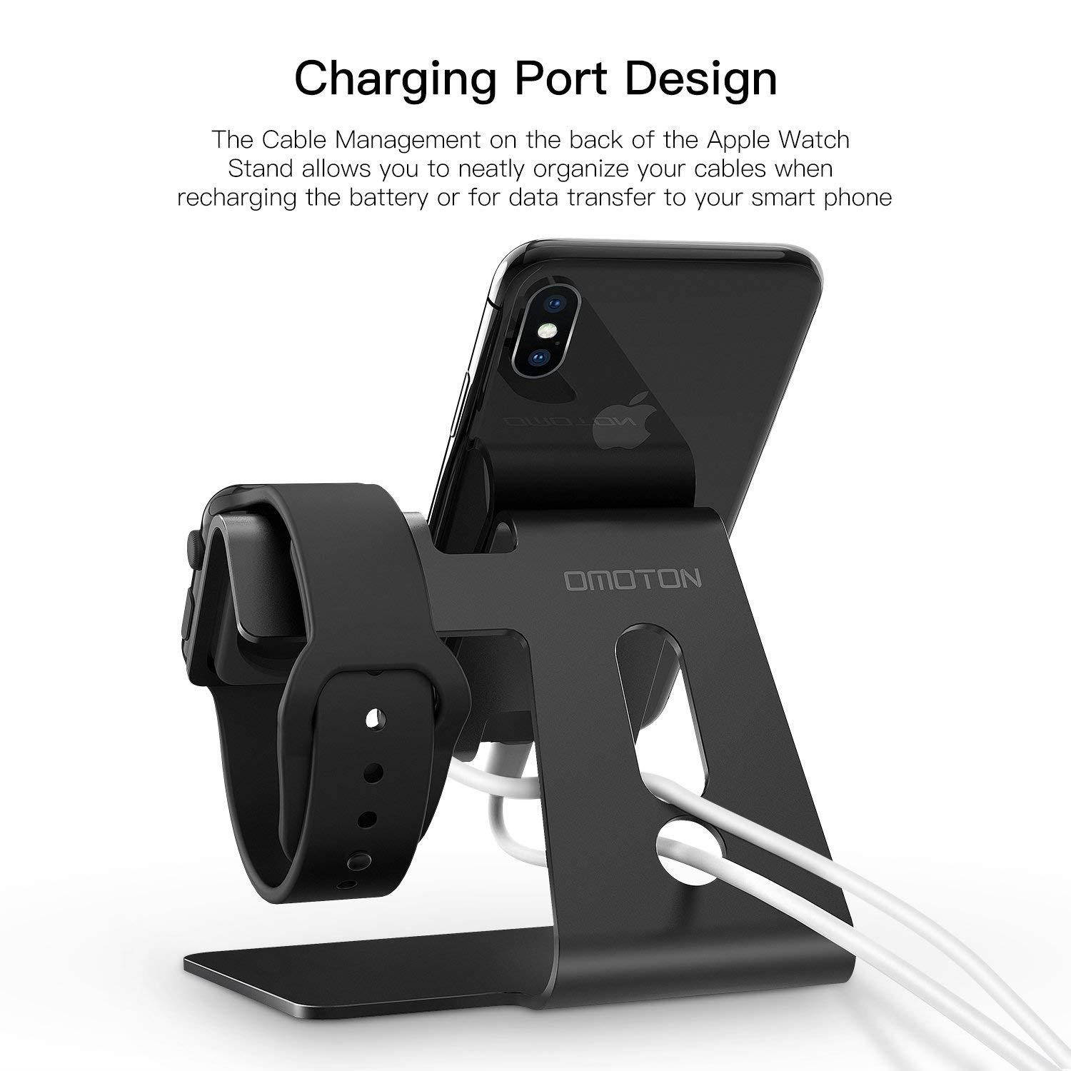Apple Watch Stand, OMOTON 2 in 1 Universal Desktop Stand Holder for iPhone and Apple Watch (Both 38mm/40mm/42mm/44mm) (Black)