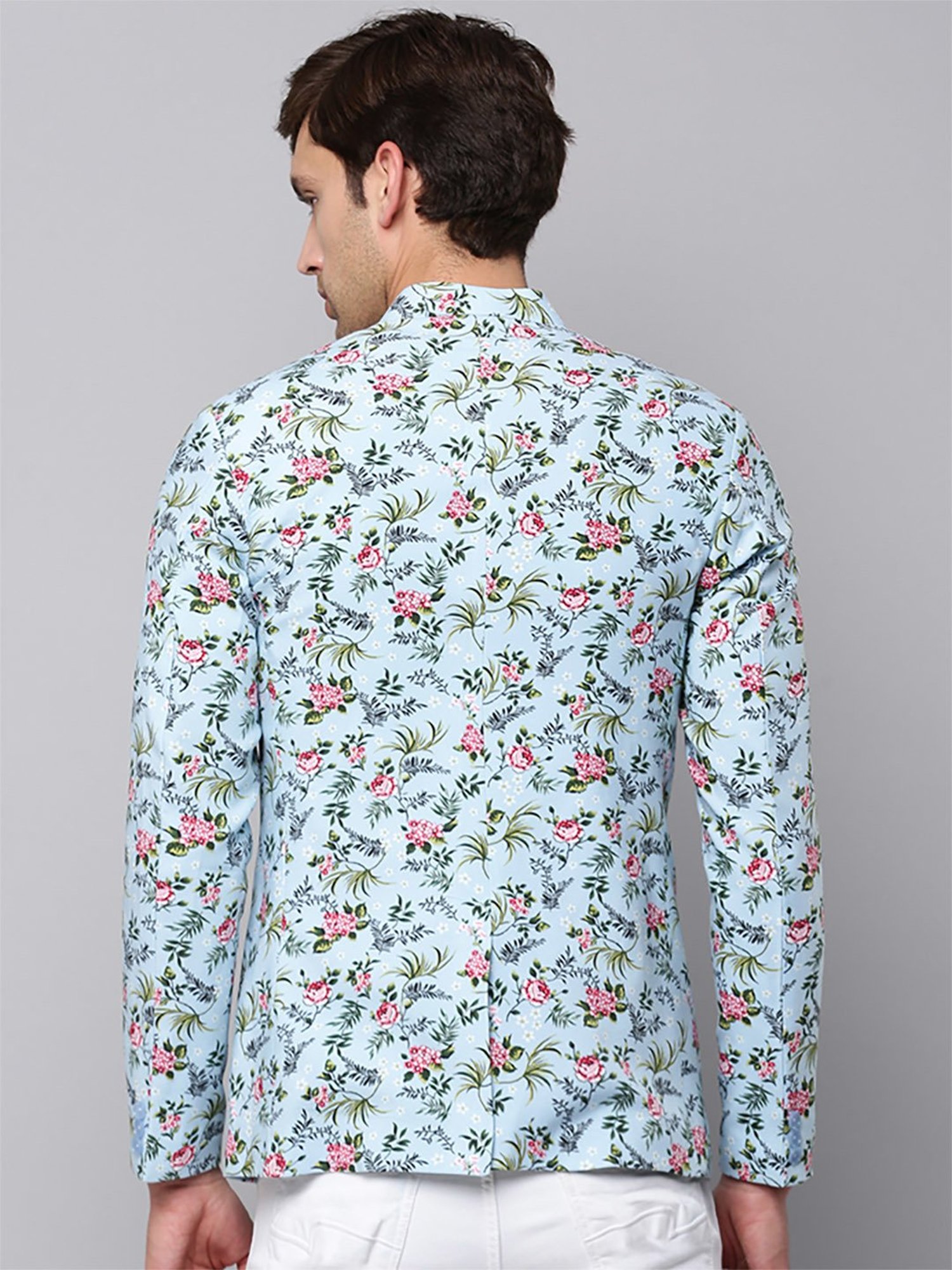 SHOWOFF Blue Cotton Slim Fit Floral Print Blazer