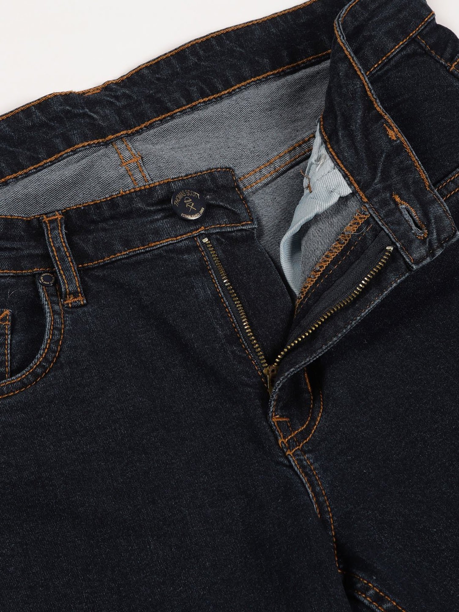 Thomas Scott Dark Blue Cotton Slim Tapered Solid Jeans