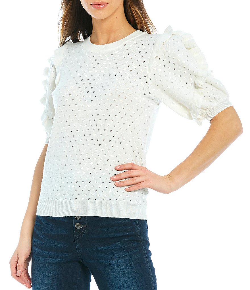 Ella Moss Eveline Ruffle Short Sleeve Crew Neck Novelty Sweater Top