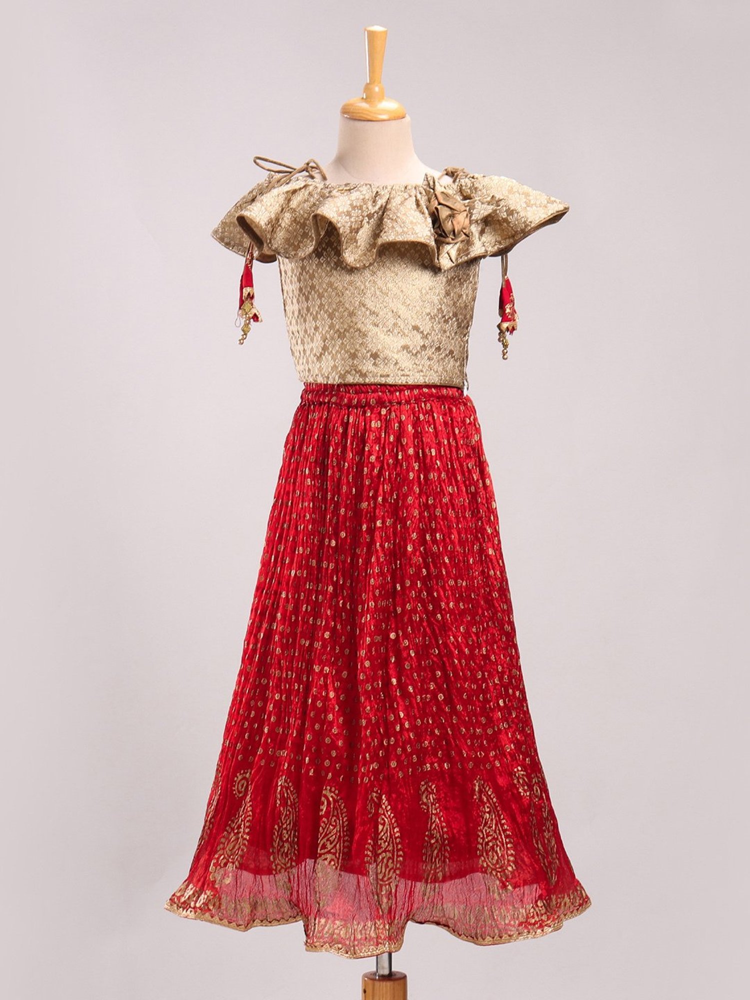 TWISHA Kids Beige & Red Self Design Top with Ghagra
