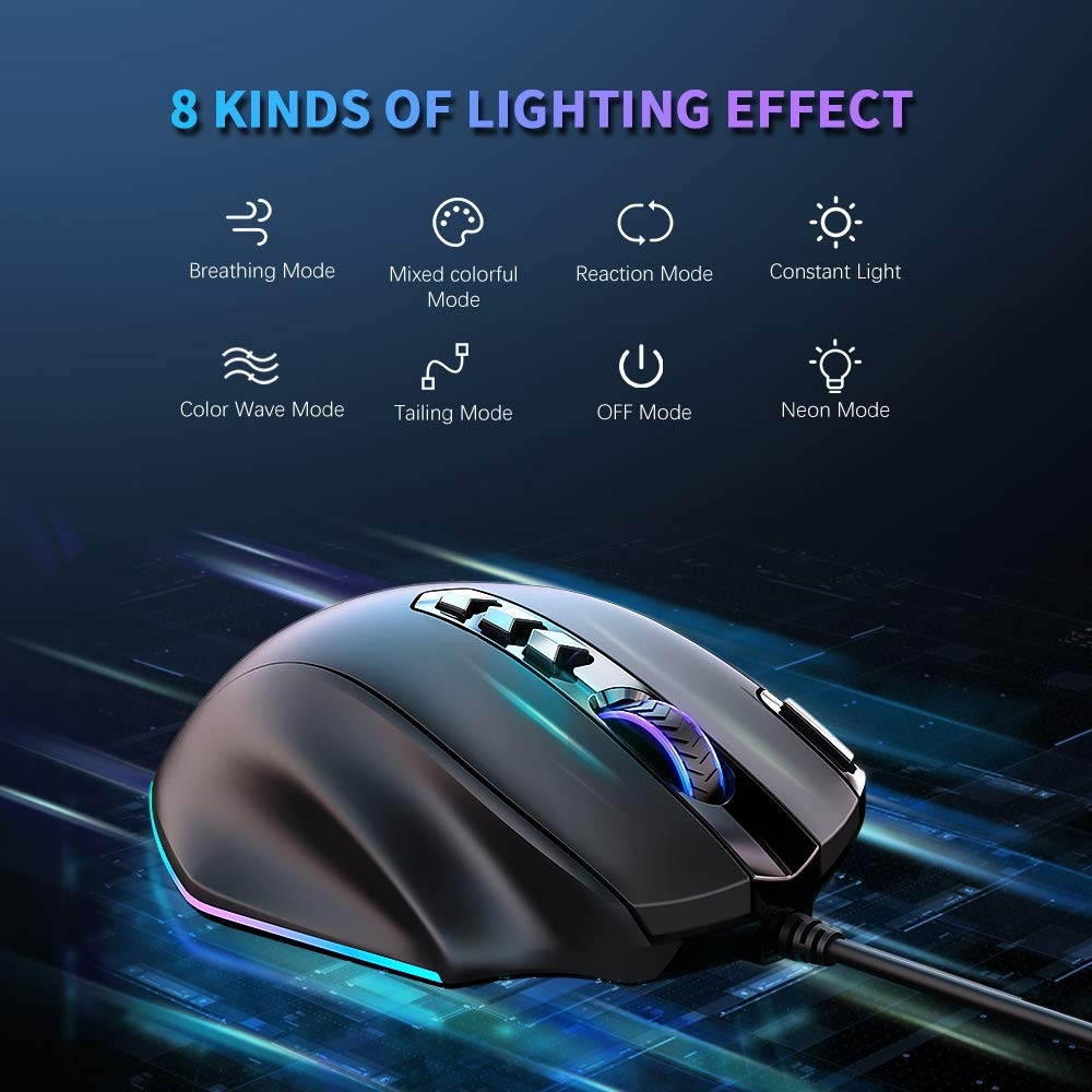 TECKNET Gaming Mouse Wired 10000DPI Breathing Light Ergonomic Gaming Mouse RGB LED Backlit Computer Mice10 Buttons for Windows 7/8/10/XP VistaBlack