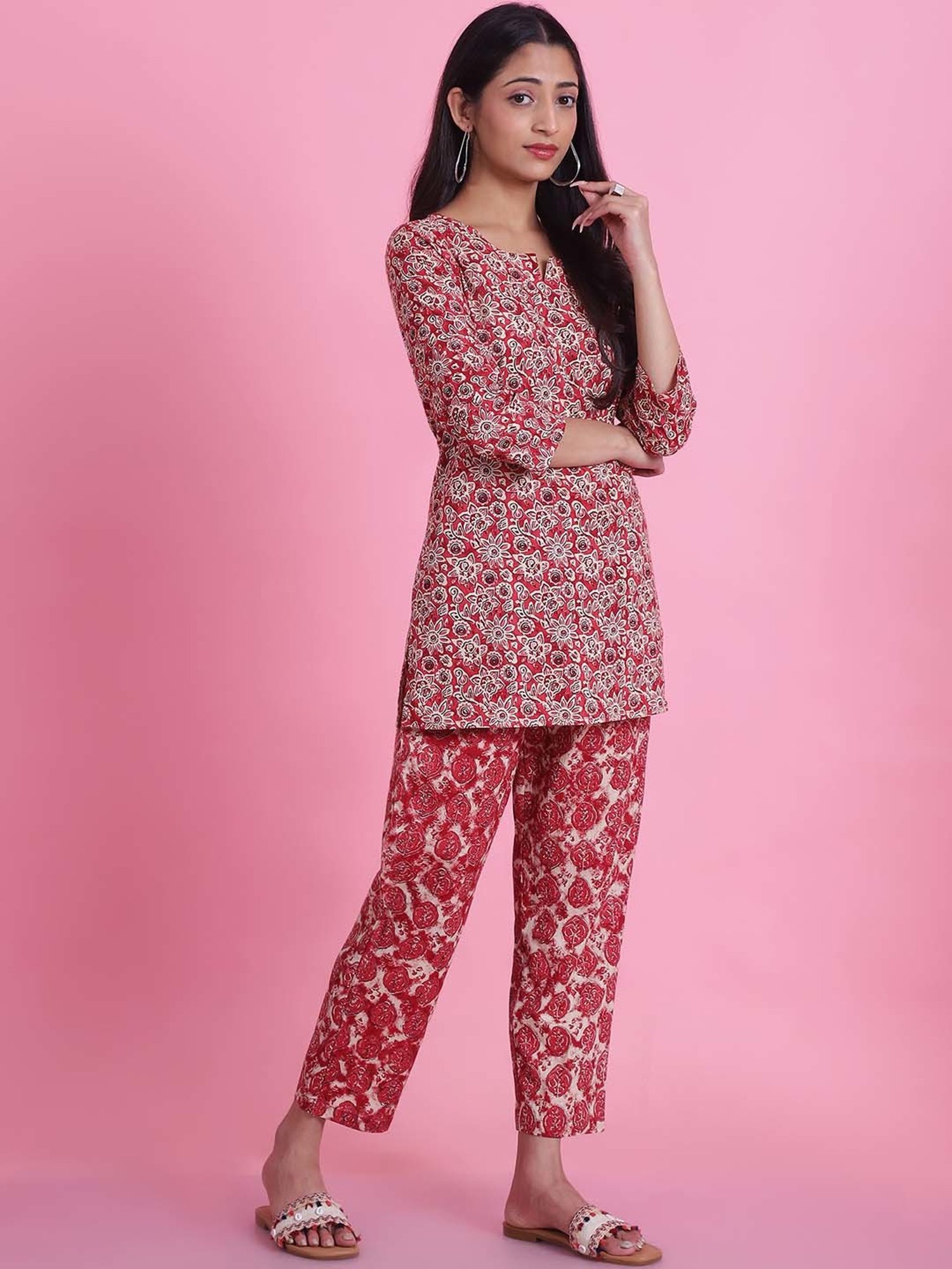 Prakrti Maroon Cotton Floral Print Top Pant Set