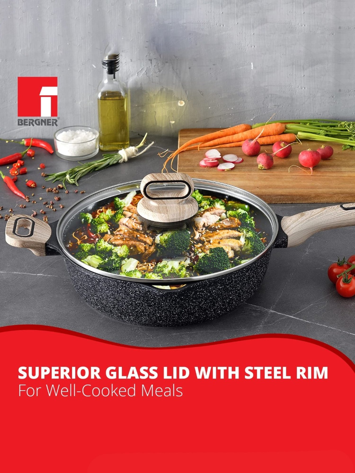 Bergner Grey Non-Stick Marble Induction Base Deep Frypan with Lid - 28cm (3.2L)