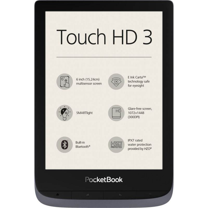 PocketBook Touch HD 3 Grey. 6" E Ink&reg; Carta&trade;; HZO ProtectionTM (IPX 7); SMARTlight; Dual Core (2x1 GHz); Flash memory: 16GB; Accumulator: 1500 mAh (Li-Ion Polymer) PB632-K-WW
