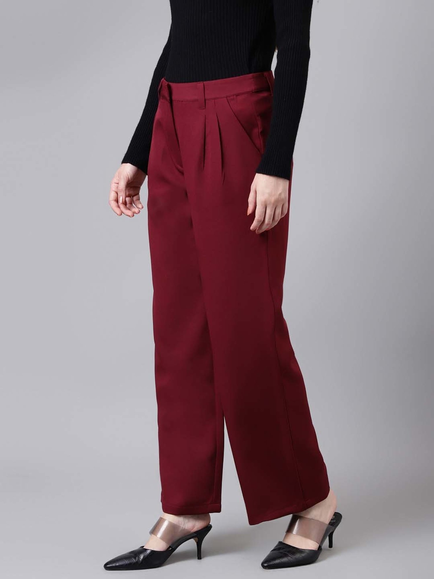 Latin Quarters Maroon Regular Fit High Rise Trousers