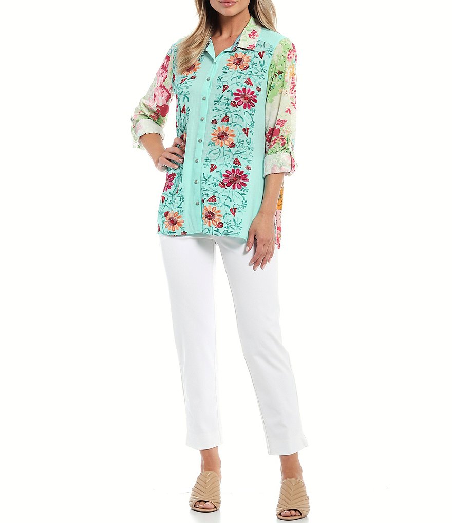 John Mark Mixed Media Floral Embroidered Chiffon Printed Back Tunic