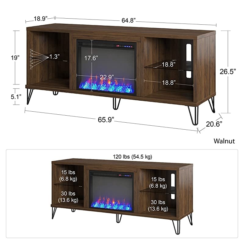 Concord TV Stand with Fireplace, Walnut