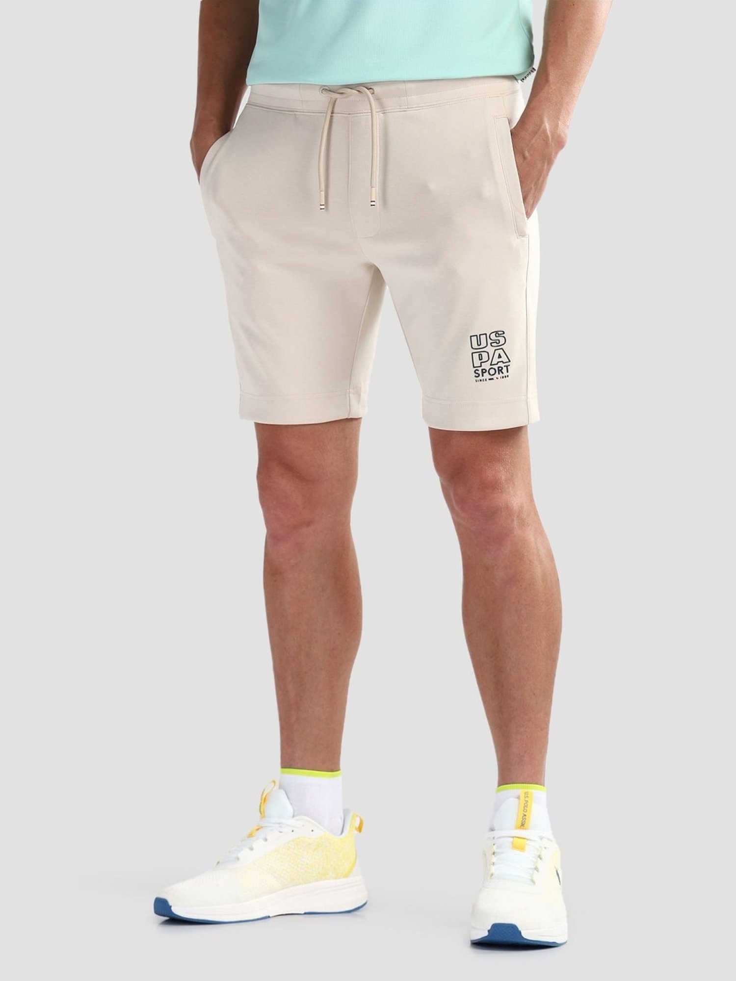 USPA Active Beige Slim Fit Logo Printed Sports Shorts