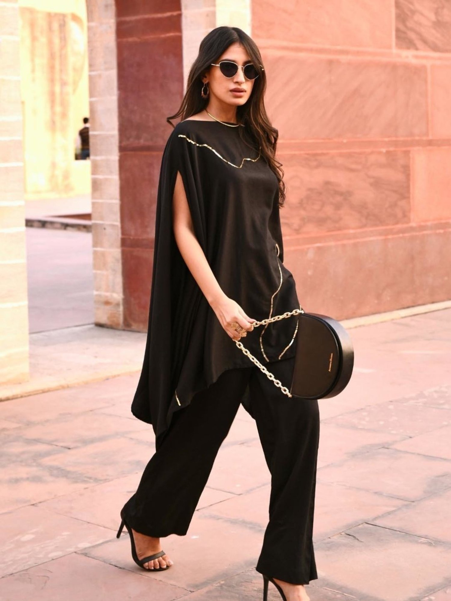 Gulaal Black Tiana Off Shoulder Kaftaan With Pant