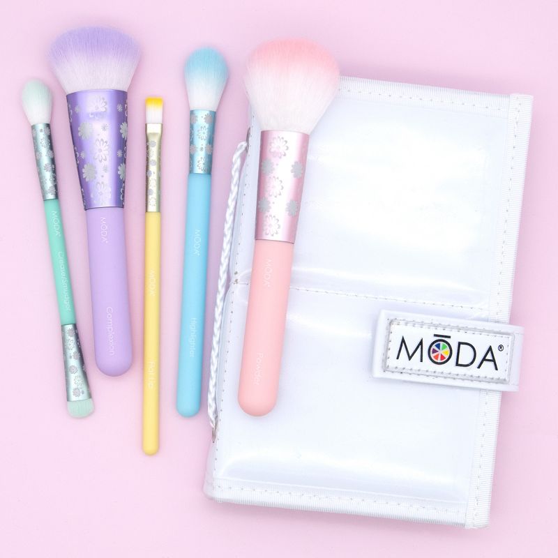 MODA Brush Posh Pastel 6pc Total Face Flip Kit Makeup Brush Set Set with Travel Flip Case, Includes - Powder, Highlighter, Crease/Smudger, and Flat Lip Brushes