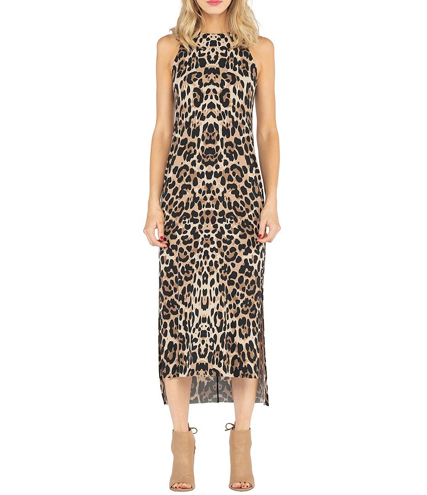 Eva Varro Cheetah Print Knit Hi-Low Side Slit Midi Tank Dress