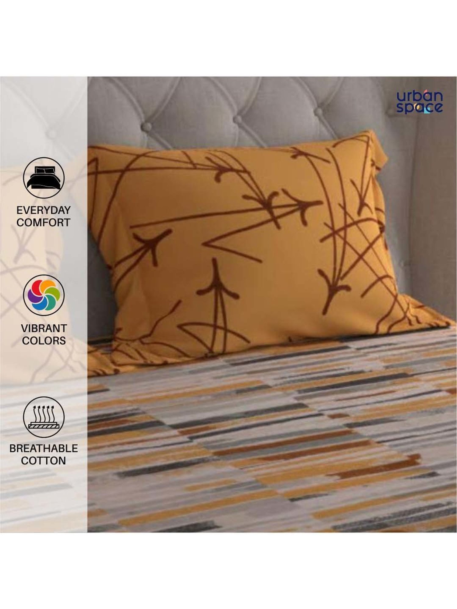 Urban Space Divine Mustard Cotton 144 TC King Fitted Bedsheet With Pillow Covers