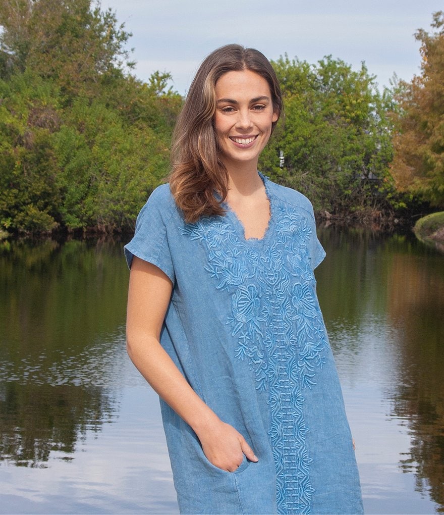 Karyn Seo Emilia Embroidered Linen Raw Hi-Low Hem Tunic Dress
