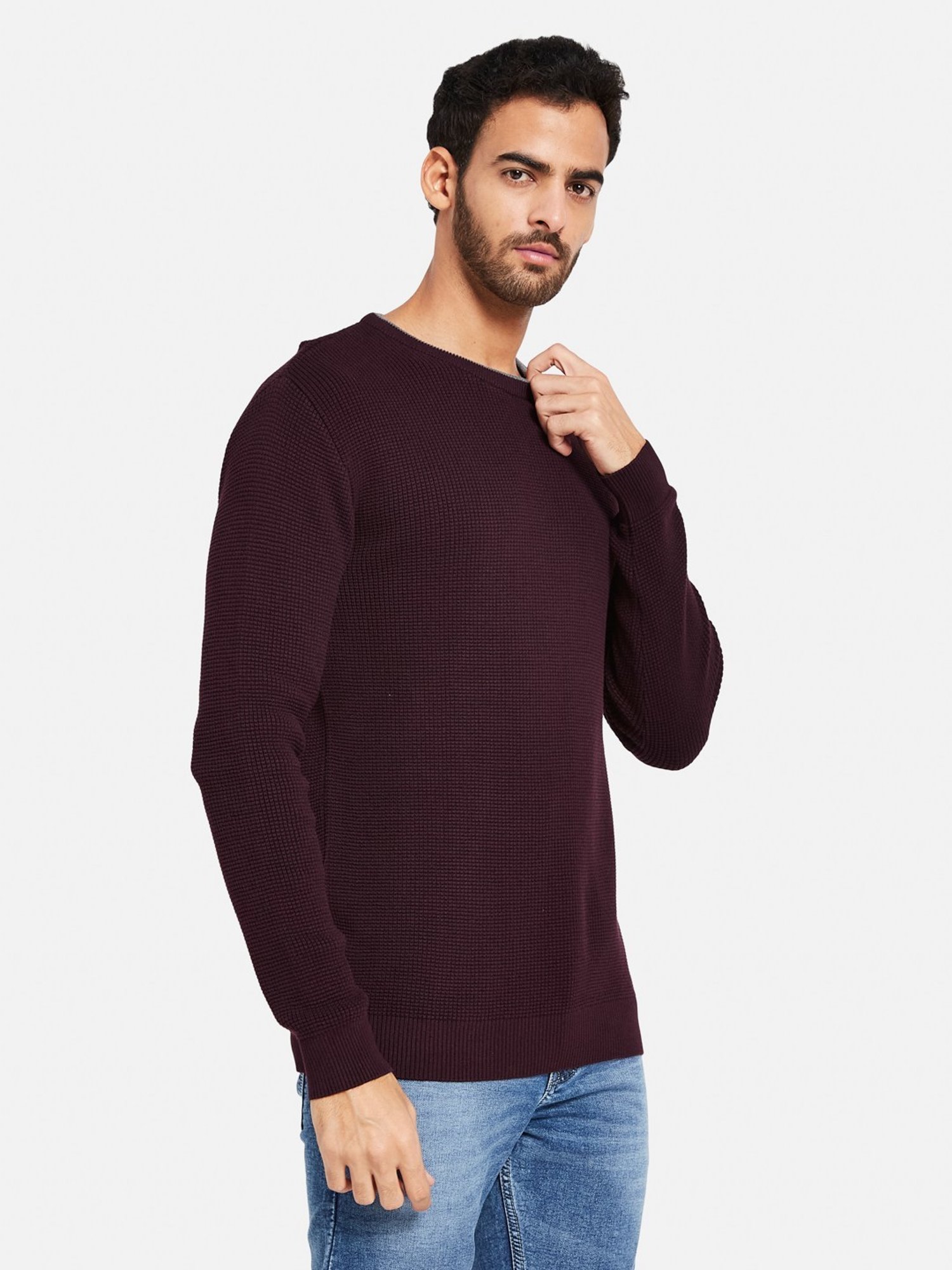 METTLE Wine Cotton Regular Fit Sweater