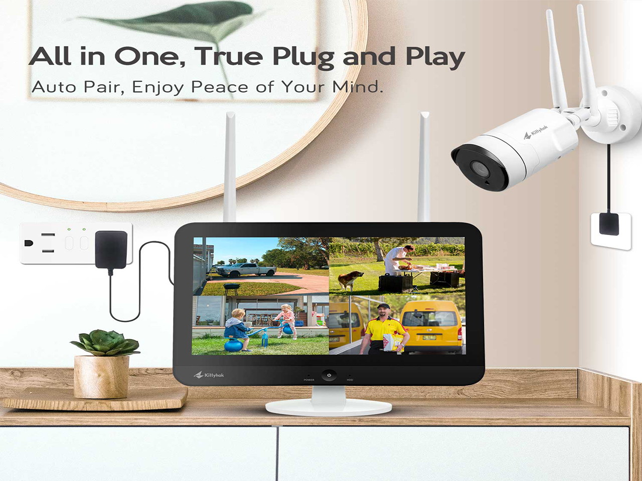 Kittyhok Outdoor Security Camera Wireless Security Camera System with 12 Inch LCD Monitor WiFi Surveillance Cameras 1TB HDD, 8 Channel NVR 4Pcs 3MP Pan/Zoom, 2 Way Audio/Remote View