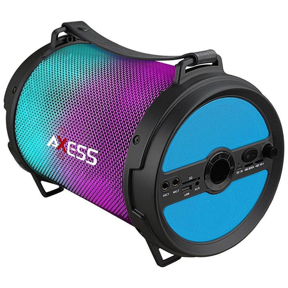 AXESS SPBL1046 Portable Bluetooth 2.1 LED Lit Hi-Fi Cylinder Loud Speaker with Built-In 6" Sub and SD Card, USB, AUX, 2 Microphone Inputs in Blue