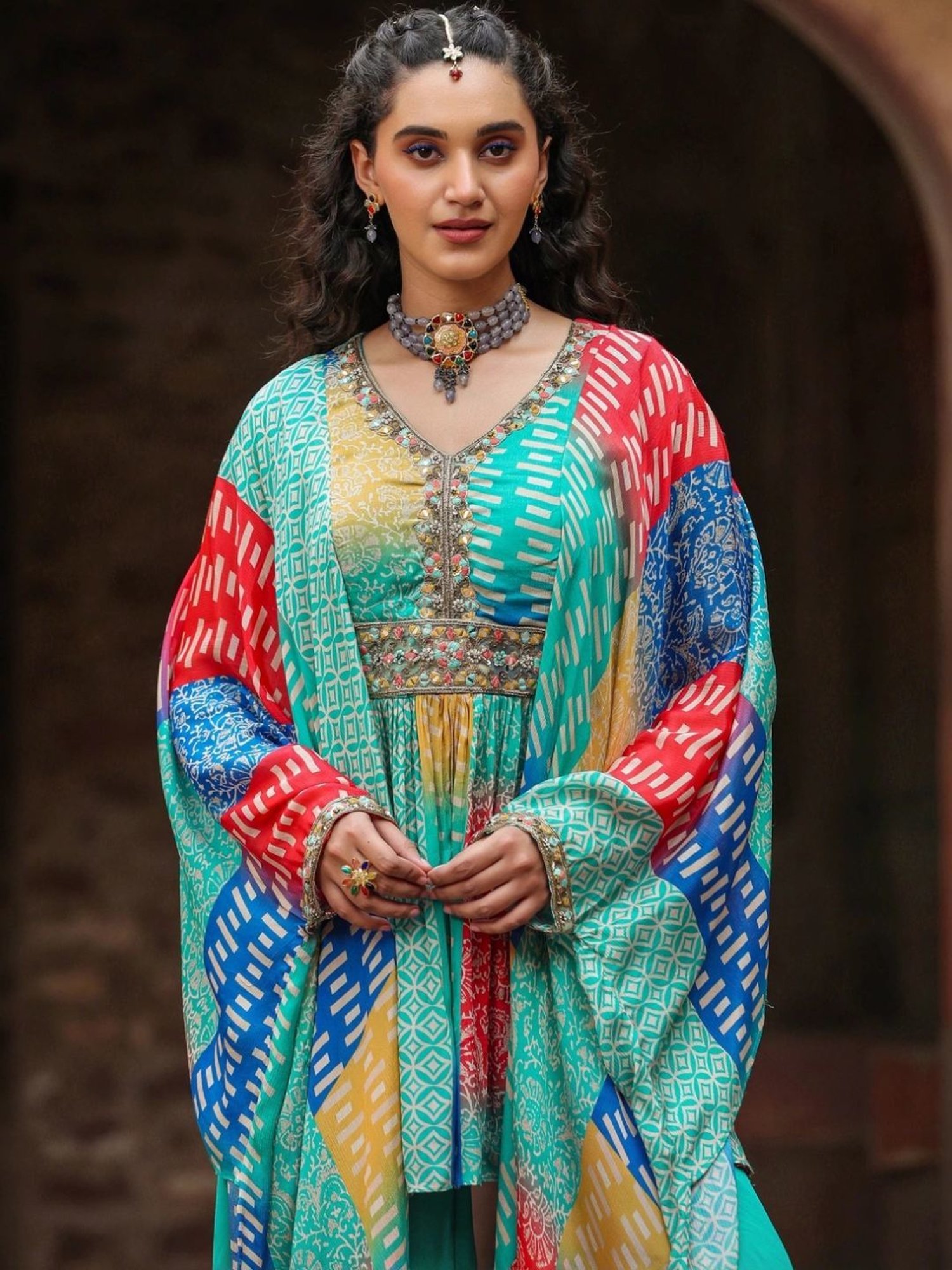 Scakhi Turquoise Chinon Silk Printed Co-ord Set Kaftan With Sharara