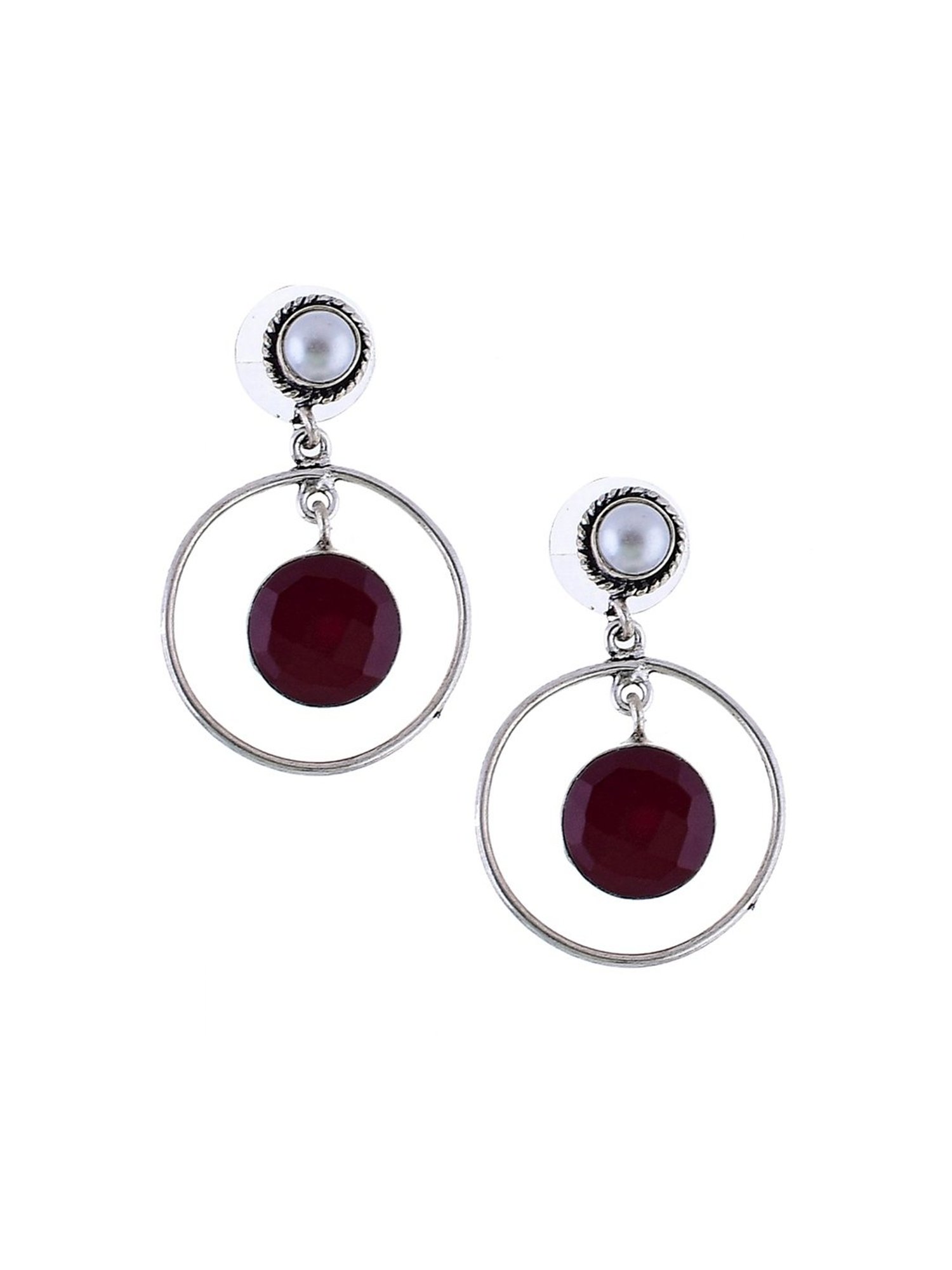 Imli Street Maroon-White Silver Tone Stone-Studded Handcrafted Drop Earrings