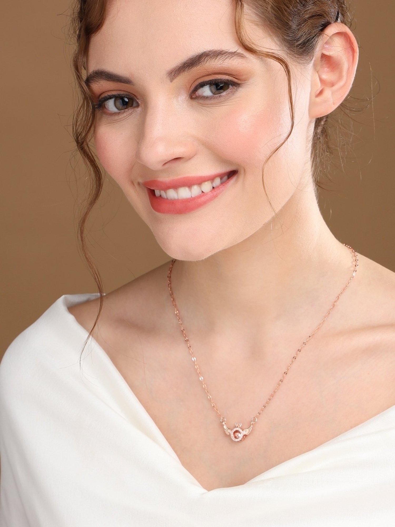 Prita by Priyaasi Ring Wings Studded Rose Gold-Plated Link Necklace