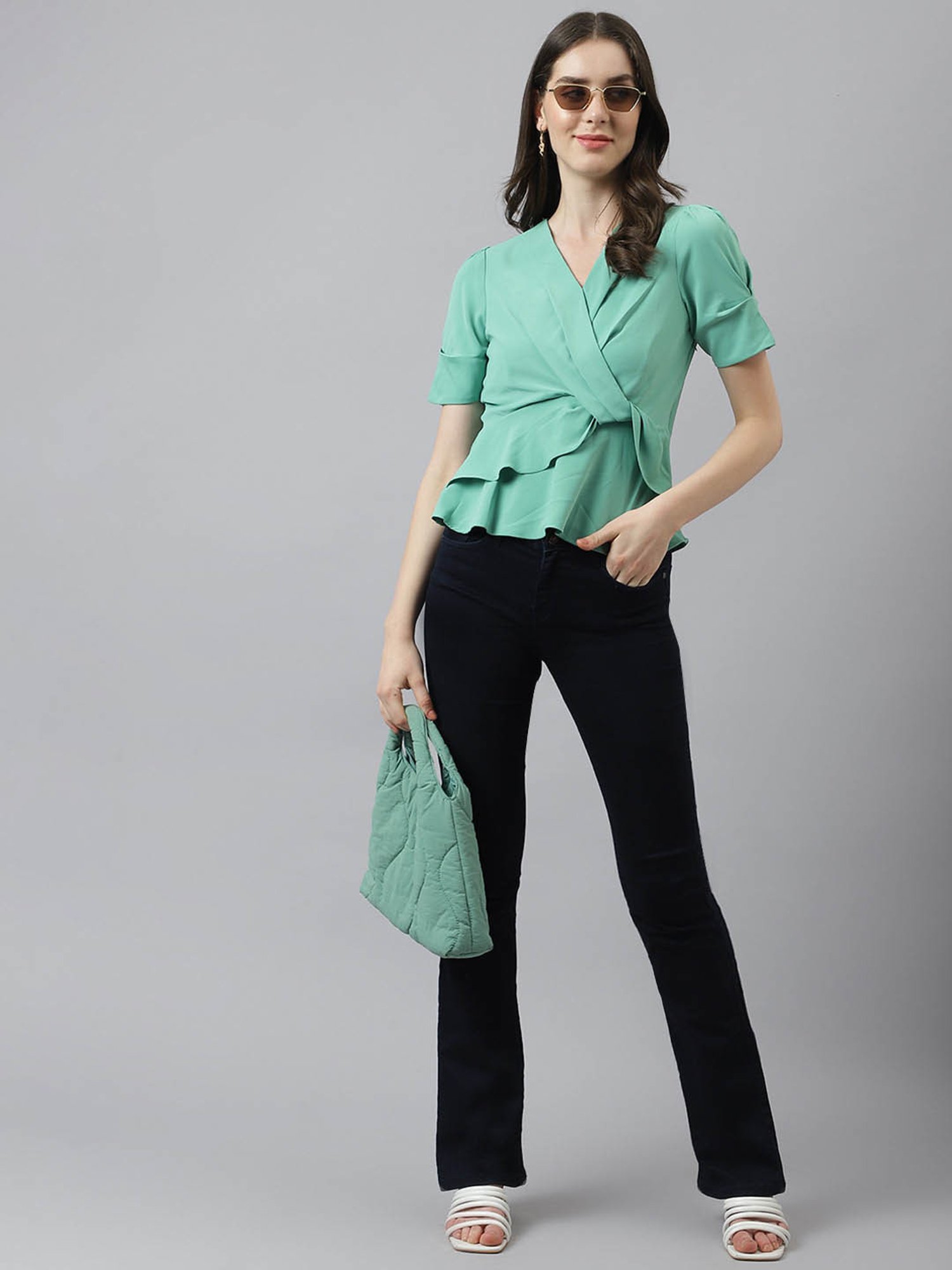 Latin Quarters Sea Green Regular Fit Peplum Top