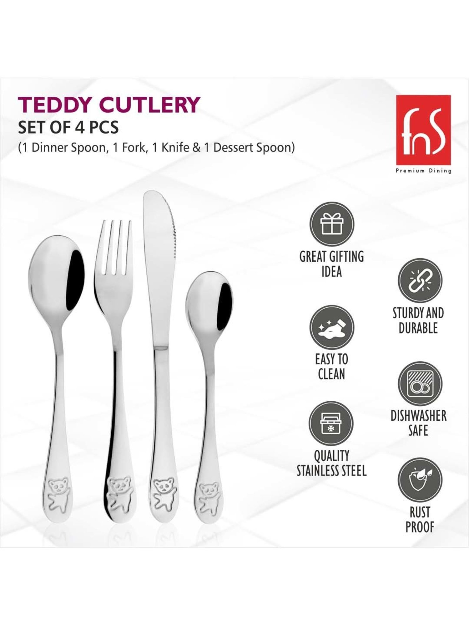 FnS Silverware Silver Stainless Steel Cutlery - Set of 4