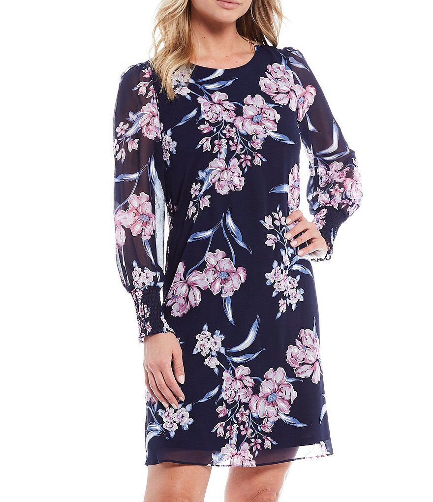 Jessica Howard Jewel Neck Long Balloon Sleeve Puff Floral Chiffon A-Line Dress