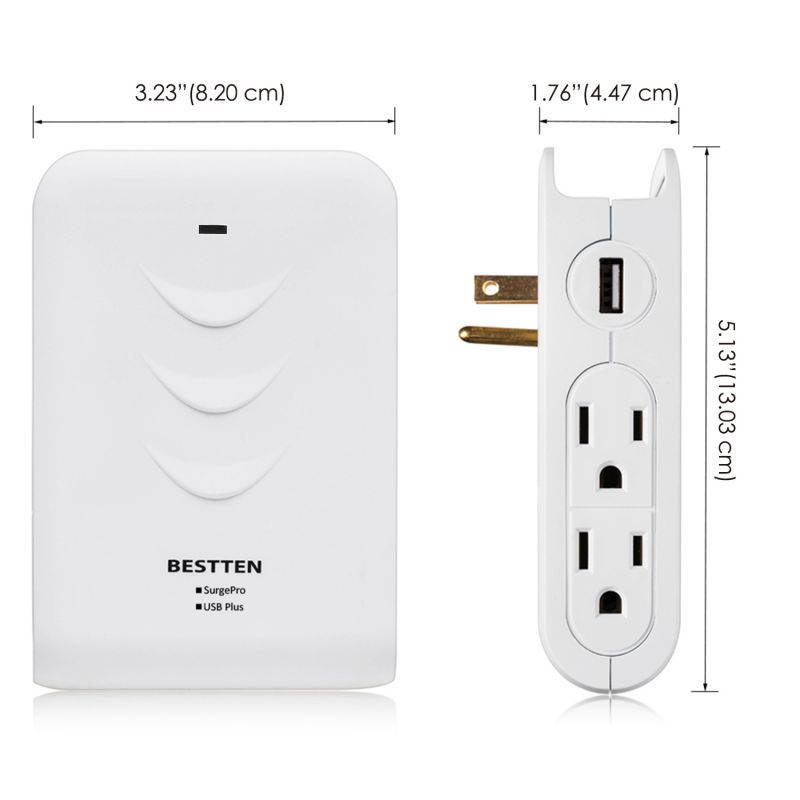 BESTTEN Side Entry 4-Outlet Extender, Wall Mounting Surge Protector with 2 USB Charging Ports (Sharing 2.4A), Top Cell Phone Dock Design, Portable for Travel or Home/Office Use, ETL Certified, White