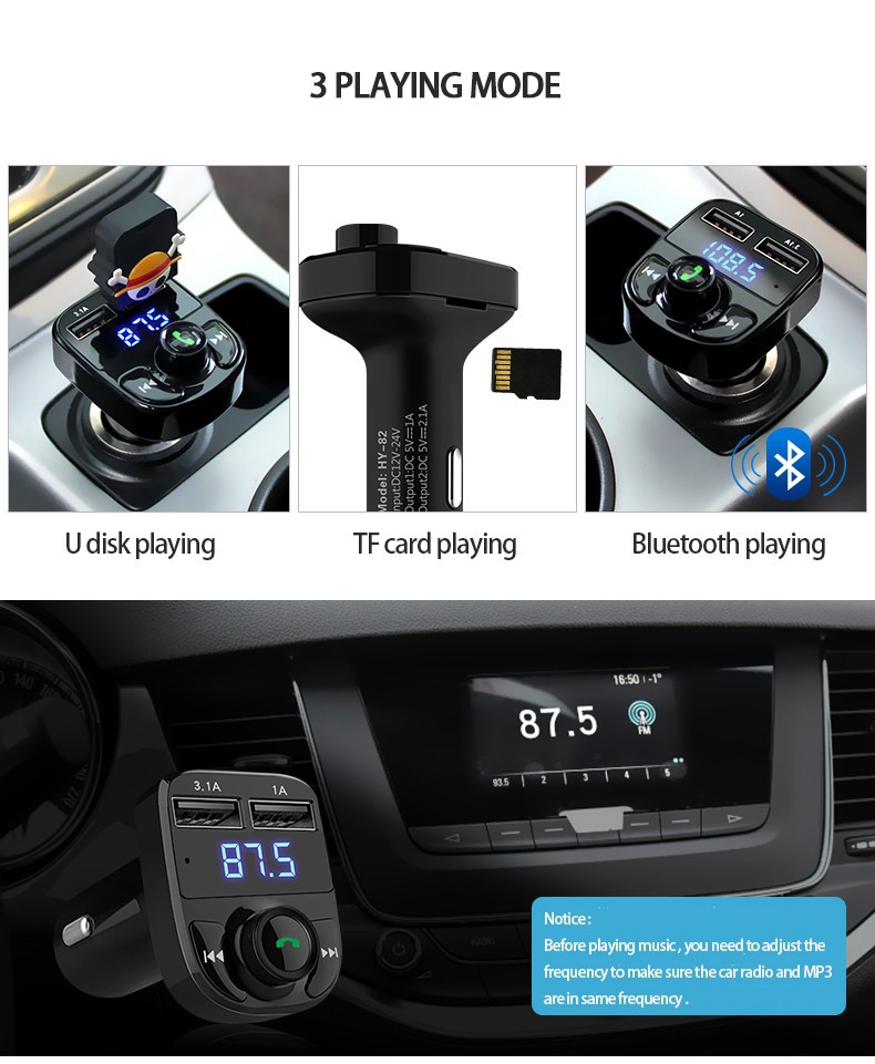 Hands-free calling car charger, wireless Bluetooth FM transmitter and radio receiver, Mp3 audio music stereo adapter, dual USB port charger, compatible with all smart phones, Samsung Galaxy, LG, HTC,