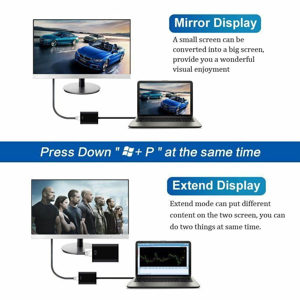 USB To HDMI Audio Video Adapter Converter Cable For Windows 7/8/10 PC 1080P