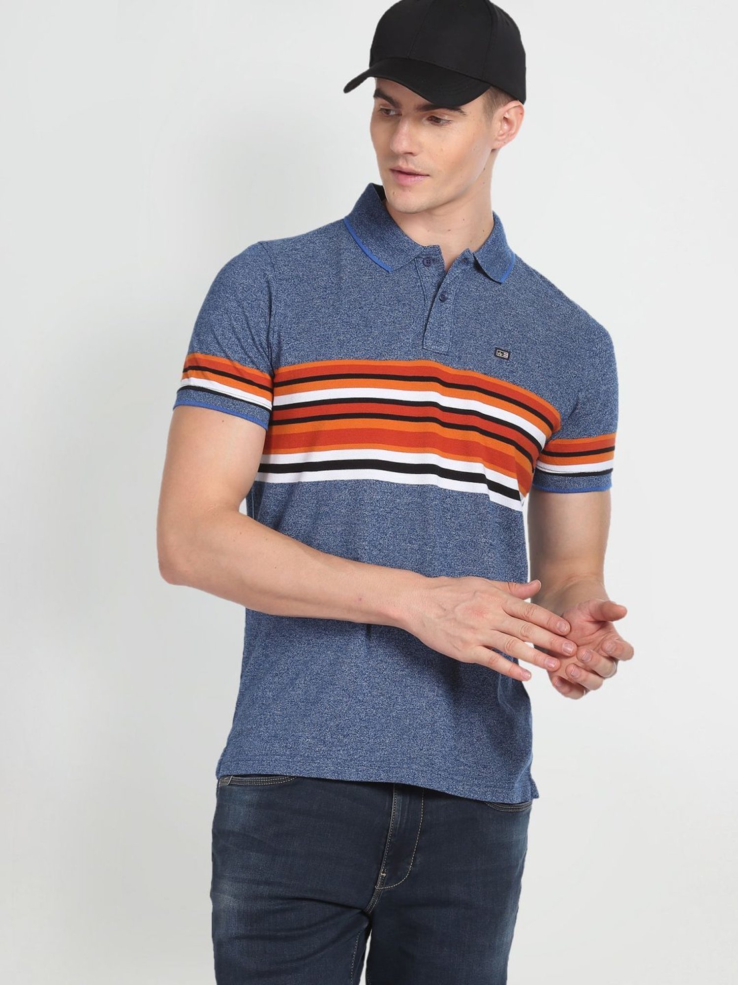 Arrow Sport Blue Cotton Regular Fit Striped Polo T-Shirt