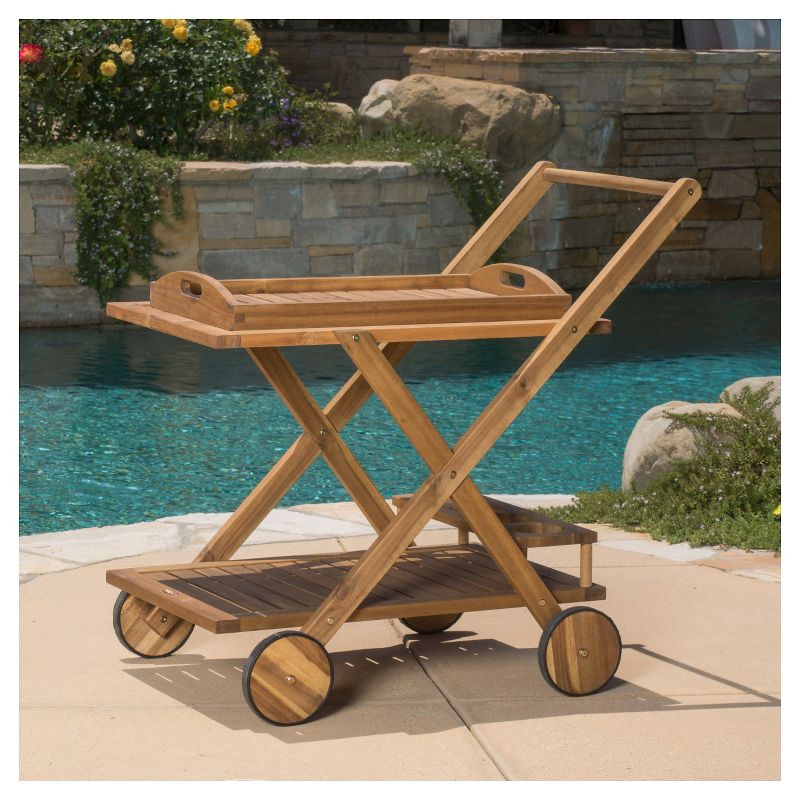 Riviera Acacia Wood Patio Bar Cart With Tray - Natural - Christopher Knight Home