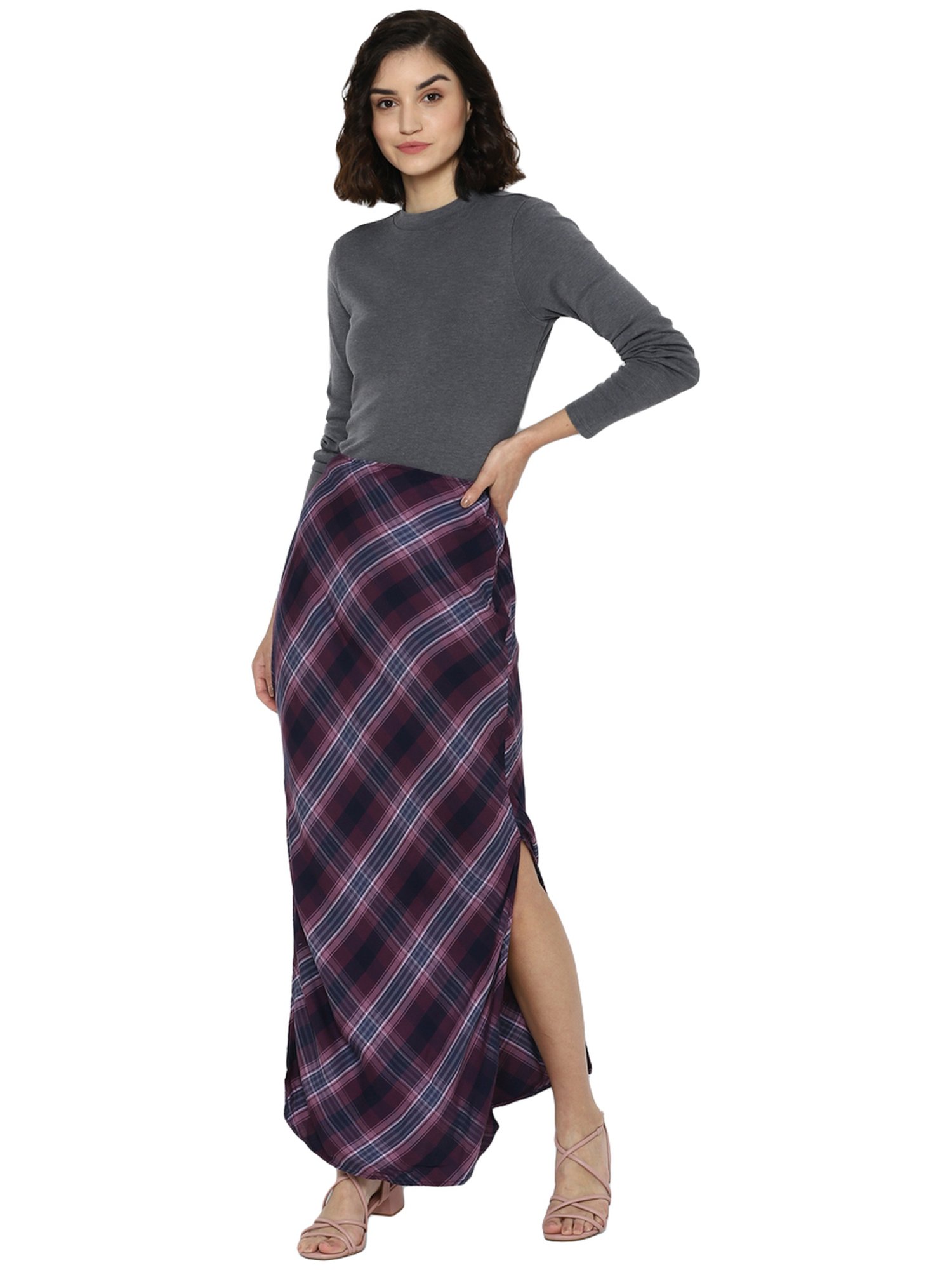 American Eagle Purple & Blue Chequered Maxi Skirt