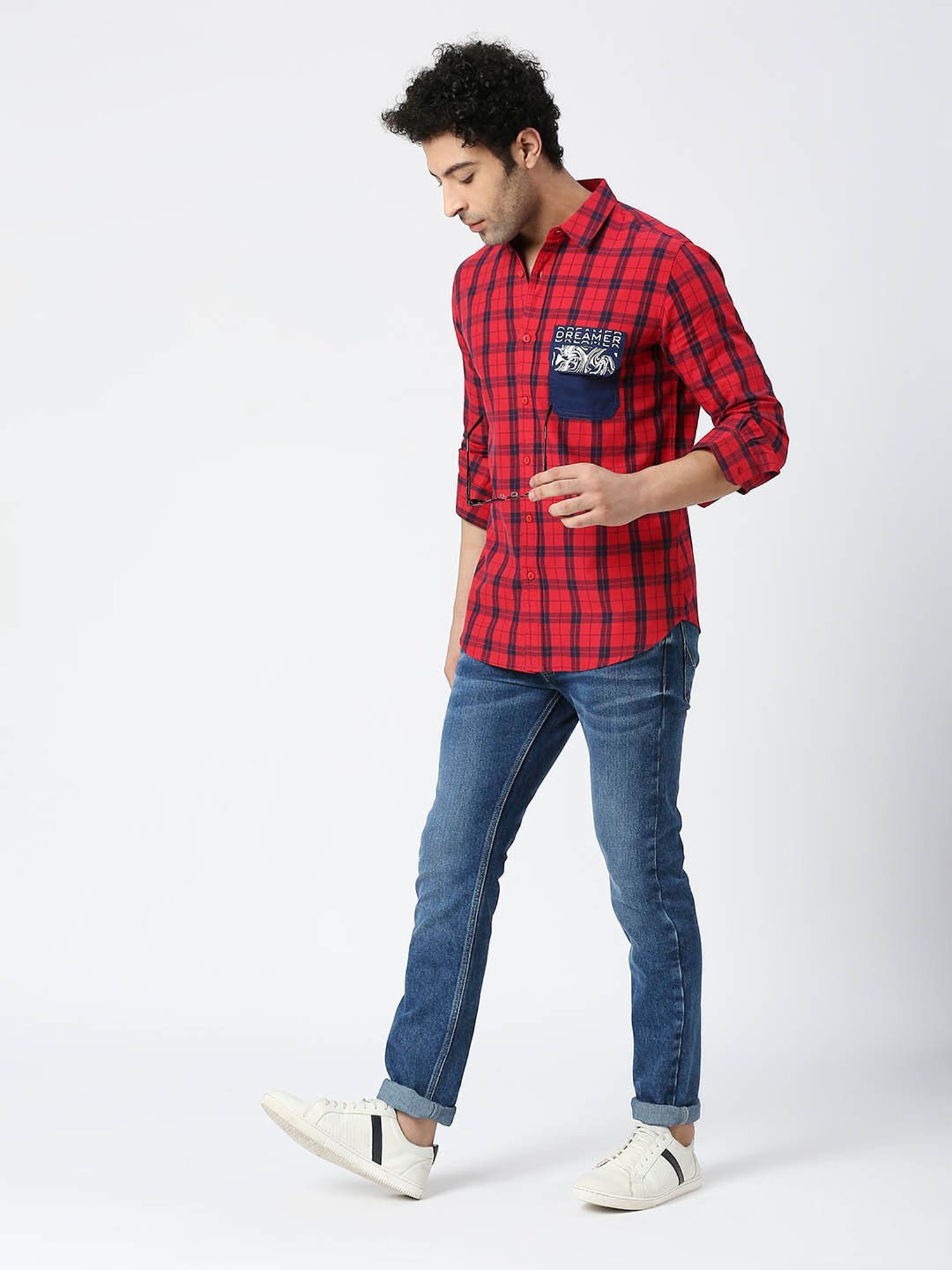 SOLEMIO Red & Navy Slim Fit Checks Shirt