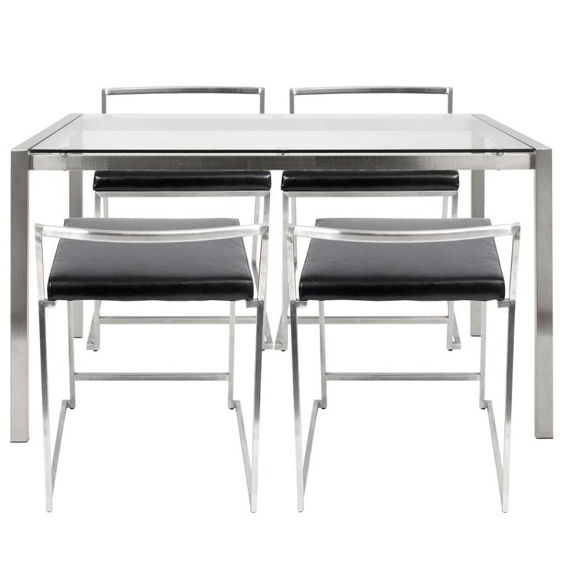 Fuji 5-Piece Contemporary Dining Set in Stainless Steel and Black Faux Leather - LumiSource