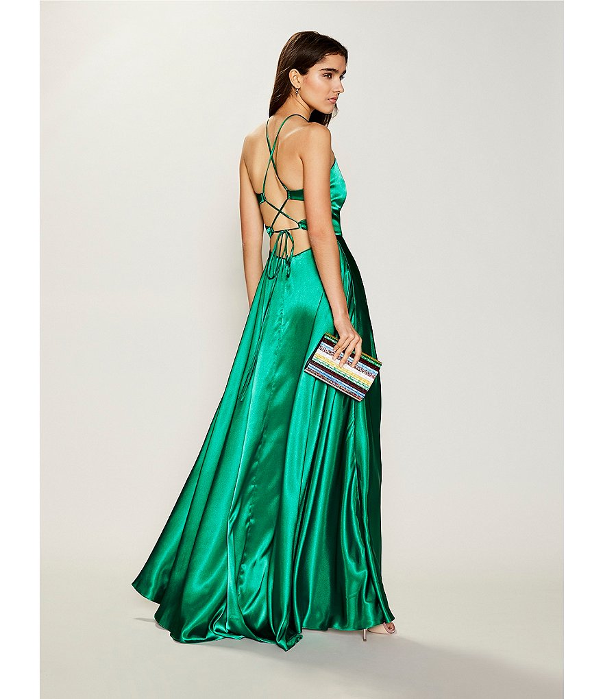 Blondie Nites Halter Neck Lace-Up Back Side Slit Satin Long Dress