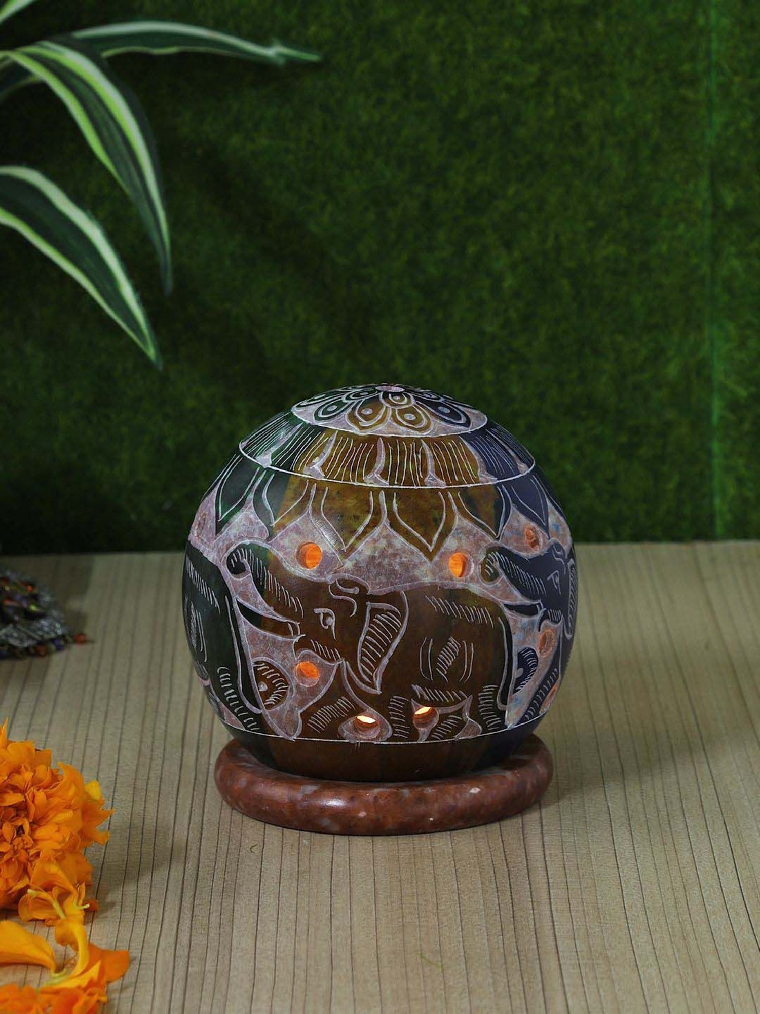 Aapno Rajasthan Multicolor Soapstone Elephant Print Tealight Holder