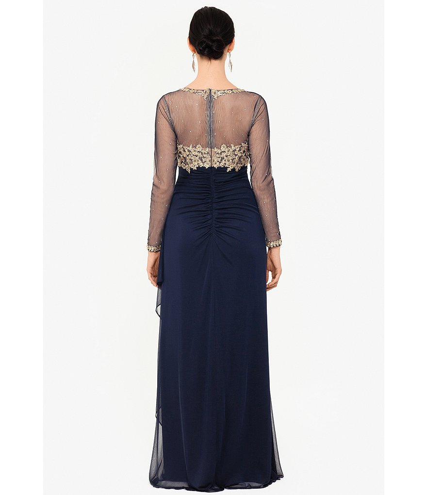 Xscape Long Sleeve Round Neck Gold Embroidered Ruched Gown