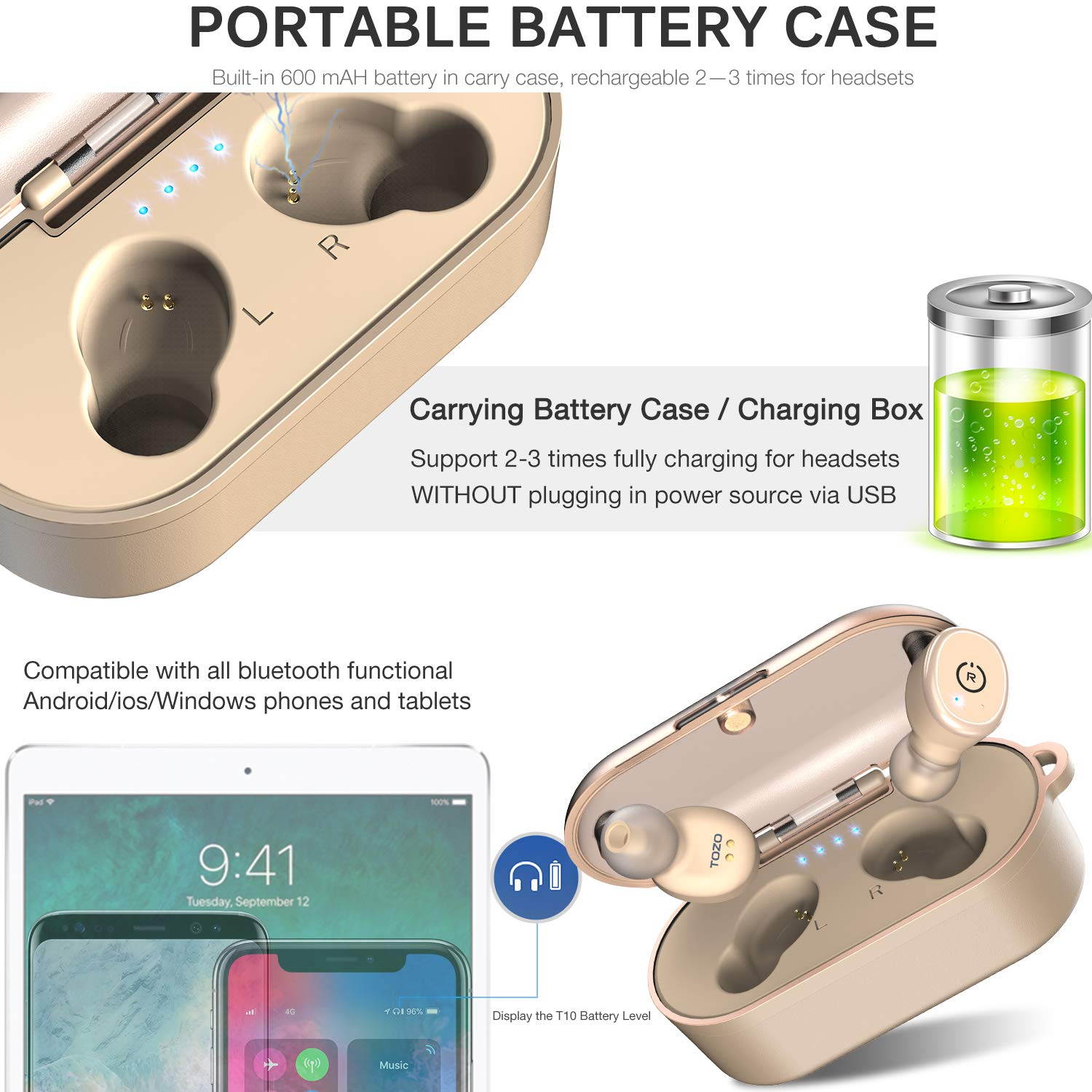 TOZO T10 Bluetooth 5.0 Wireless Earbuds with ?Wireless Charging Case Waterproof TWS Stereo Headphones in-Ear Built-in Mic Headset Premium Sound with Deep Bass for Sport