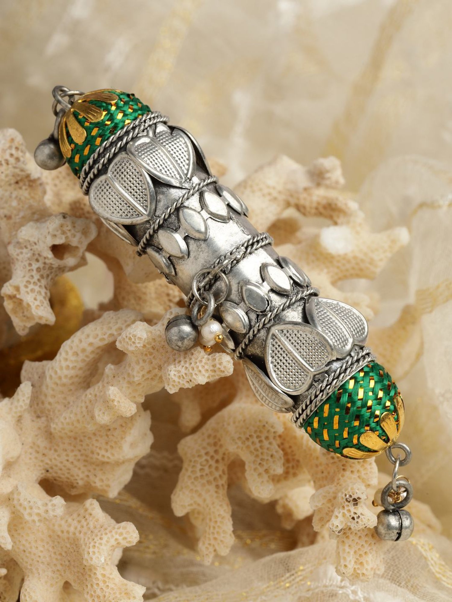 Moedbuille Handwoven Antique Temple Design Oxidised Silver Plated Tribal Filigree Finger Ring