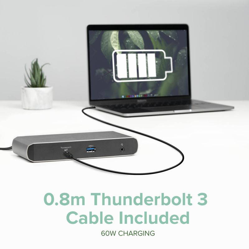 Plugable Thunderbolt 3 and USB C Dock with 60W Charging, Compatible with MacBook / MacBook Pro and Windows Laptops, Dual DisplayPort, 2x USB-C, 3x USB 3.0, Gigabit Ethernet, Audio Jack - Horizontal