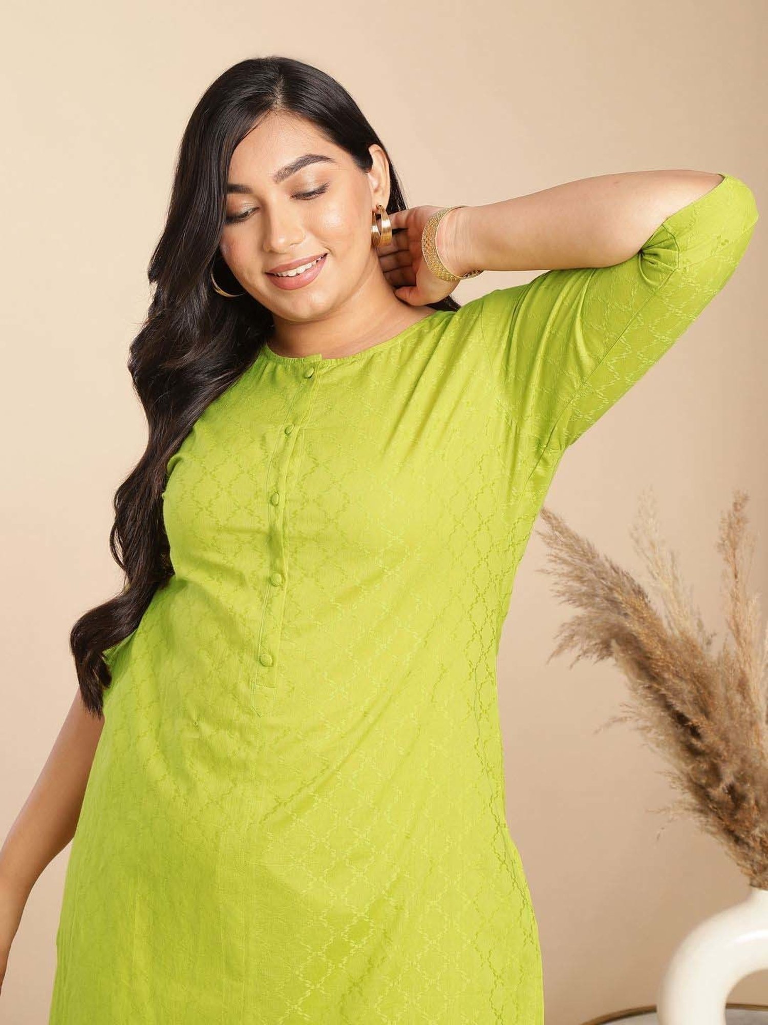 Janasya Lime Green Cotton Self Co-Ord Set