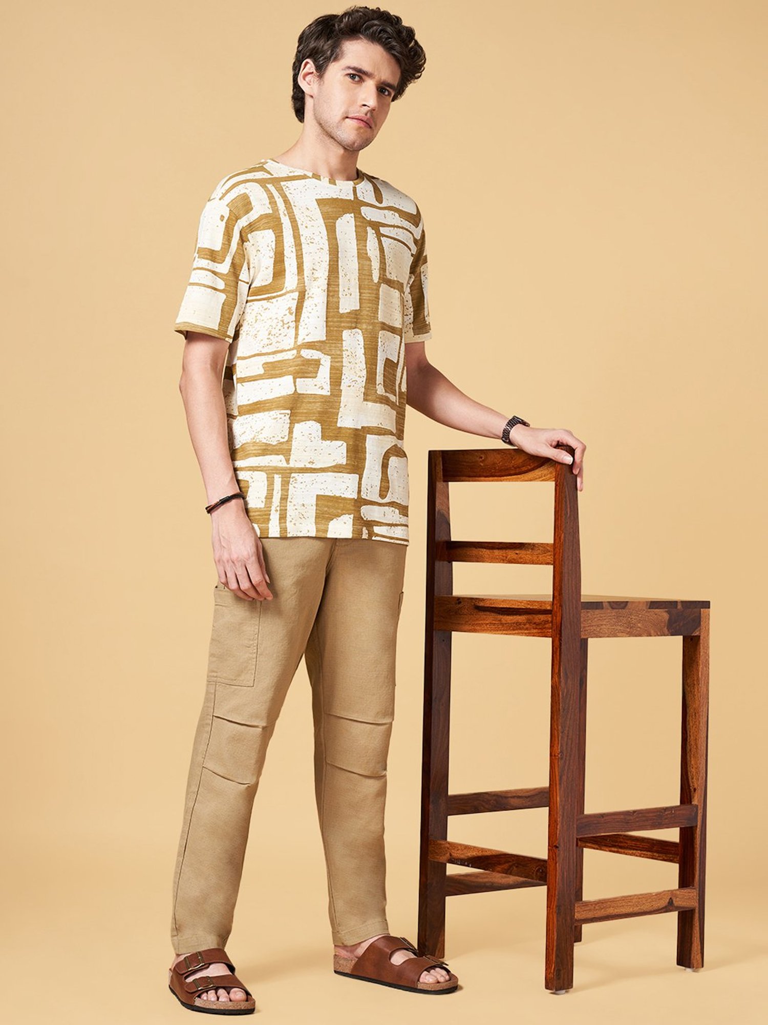 7 Alt by Pantaloons Mustard Relaxed Fit Printed Crew T-Shirt