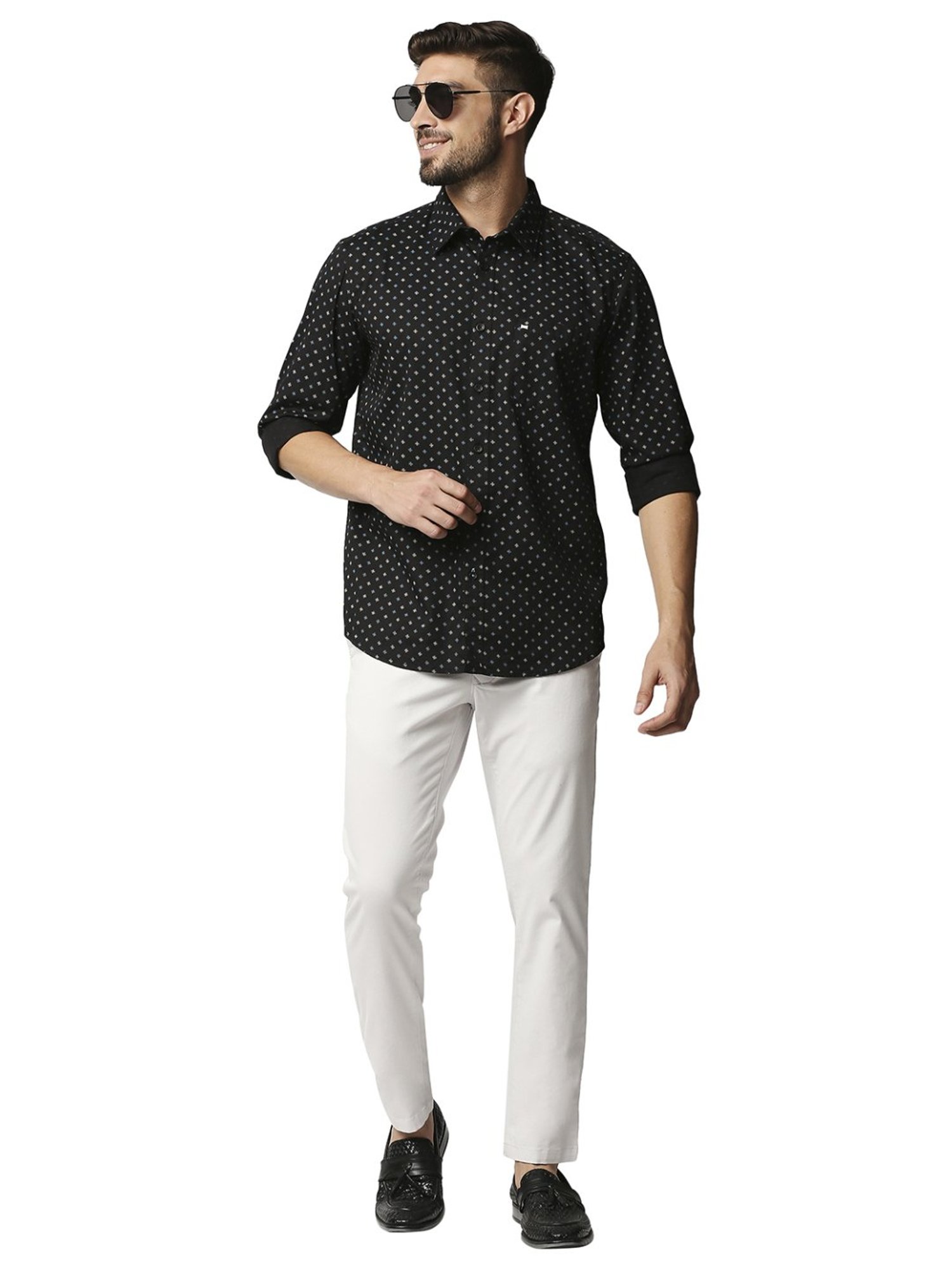 Basics Black Cotton Slim Fit Printed Shirt