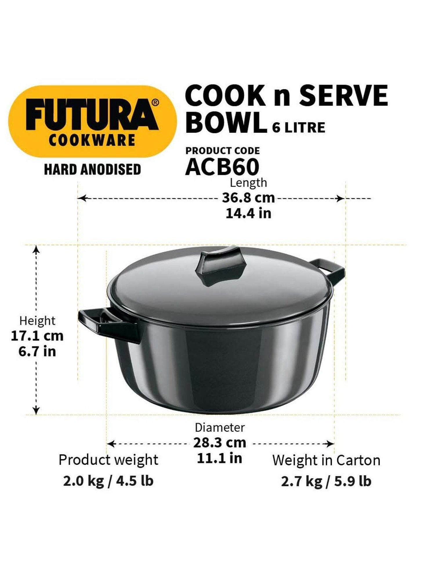 Hawkins Futura Black Hard Anodised 27 cm Cook-n-Serve Bowl with Hard Anodised Lid, 6 L