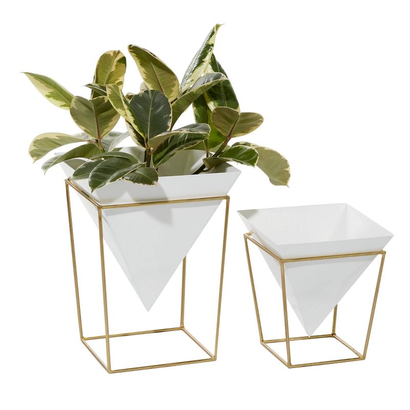 Set of 2 Geometric Planters with Metal Base White/Gold - CosmoLiving by Cosmopolitan