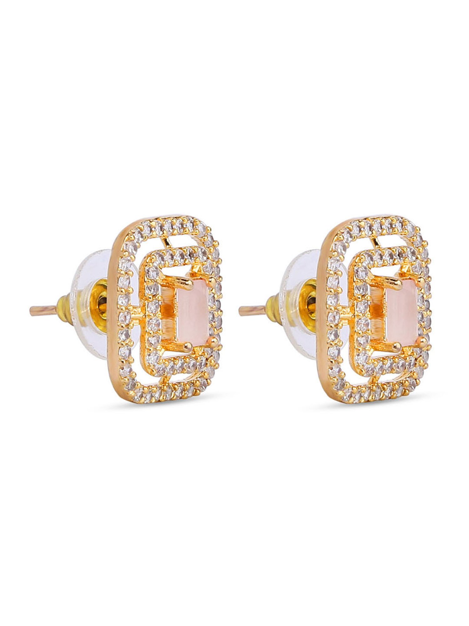 ToniQ Luxurious Gold-Plated American Diamond & Pink Stone Studded Geometric Stud Earrings for Women