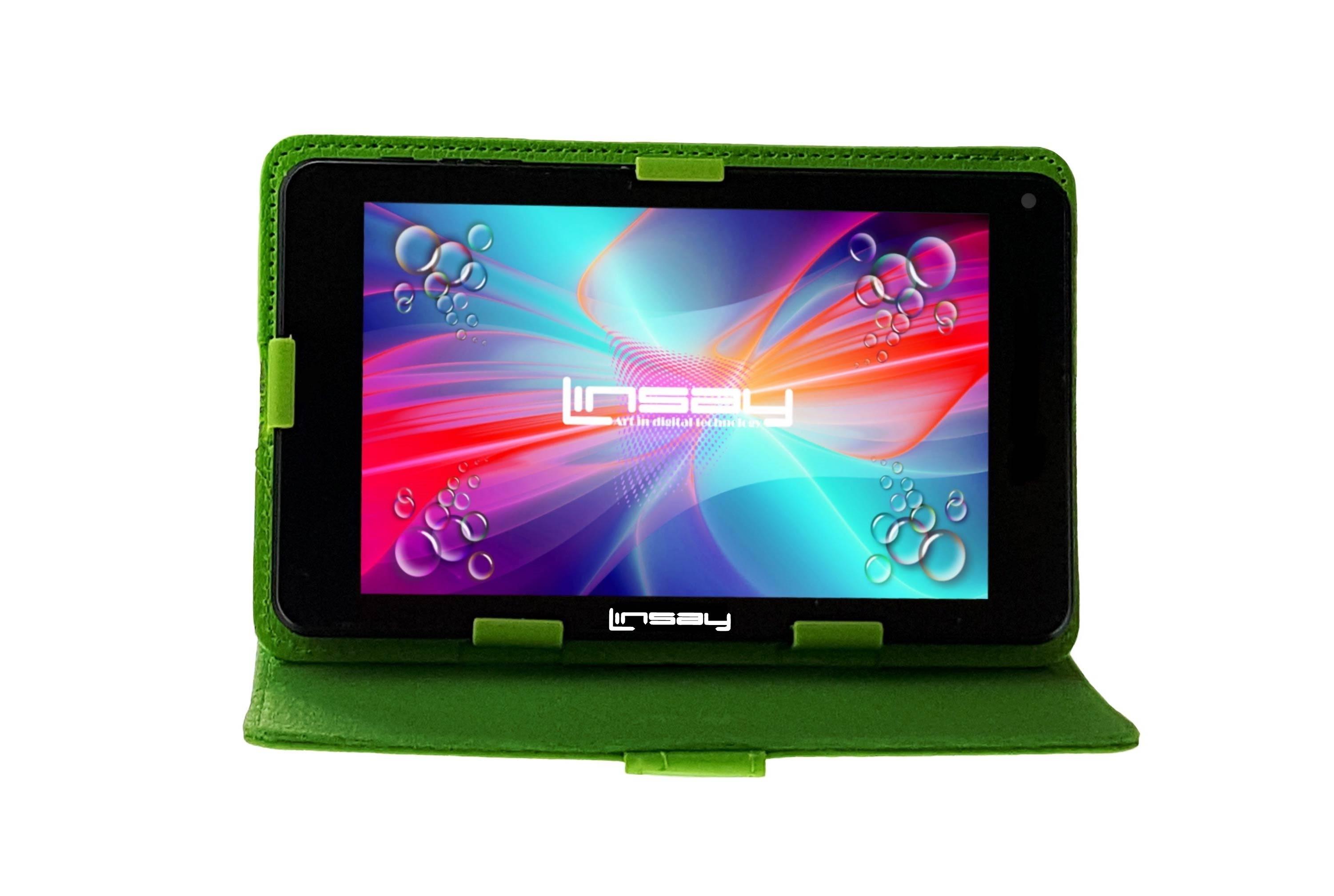LINSAY&reg;7" 1024x600 HD Quad Core Dual Camera 2GB ram 16GB Android 10 Tablet Bundle with Green Leather Protective Case