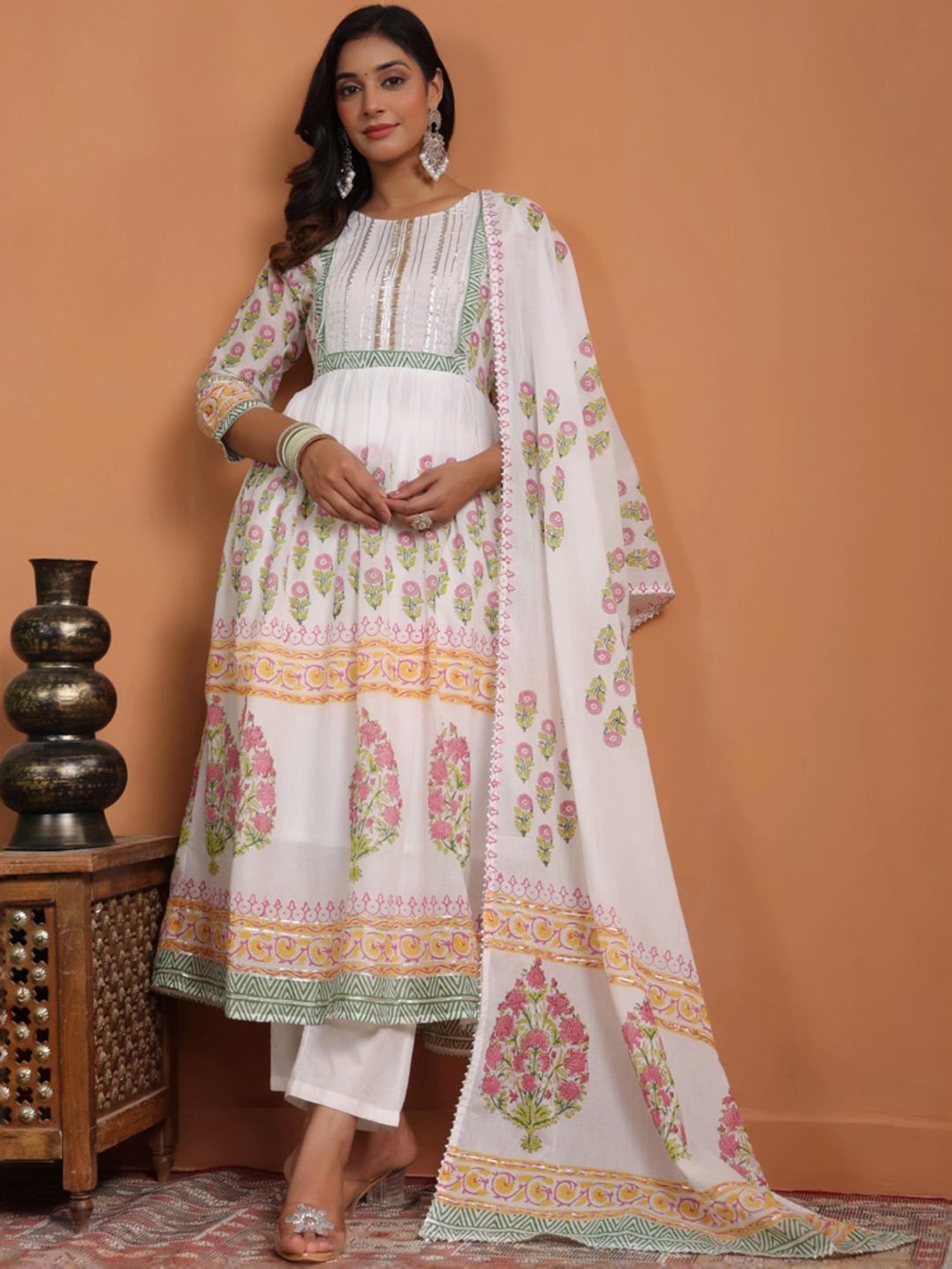 SCAKHI White Cotton Floral Print Kurta Pant Set With Dupatta